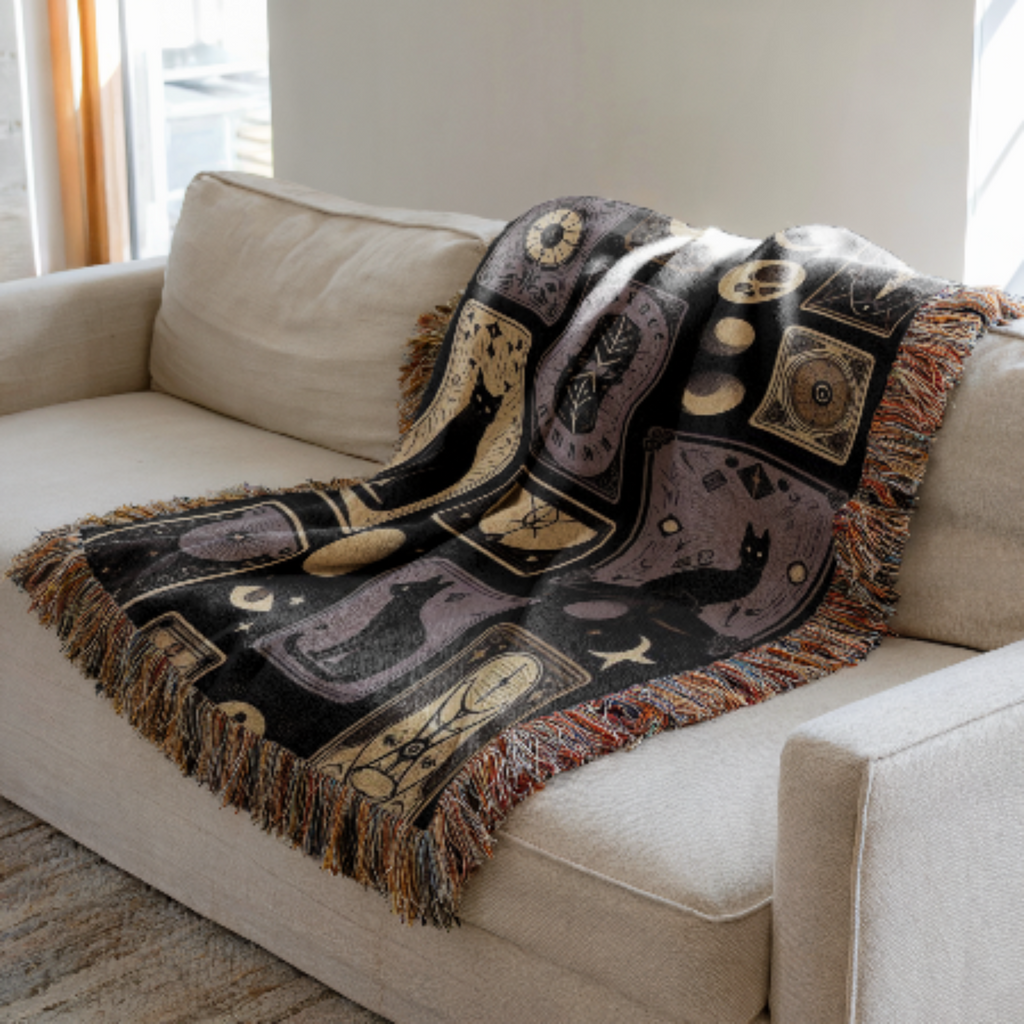 Black Cat Gothic Woven Blanket with geometric pattern draped over a beige sofa.