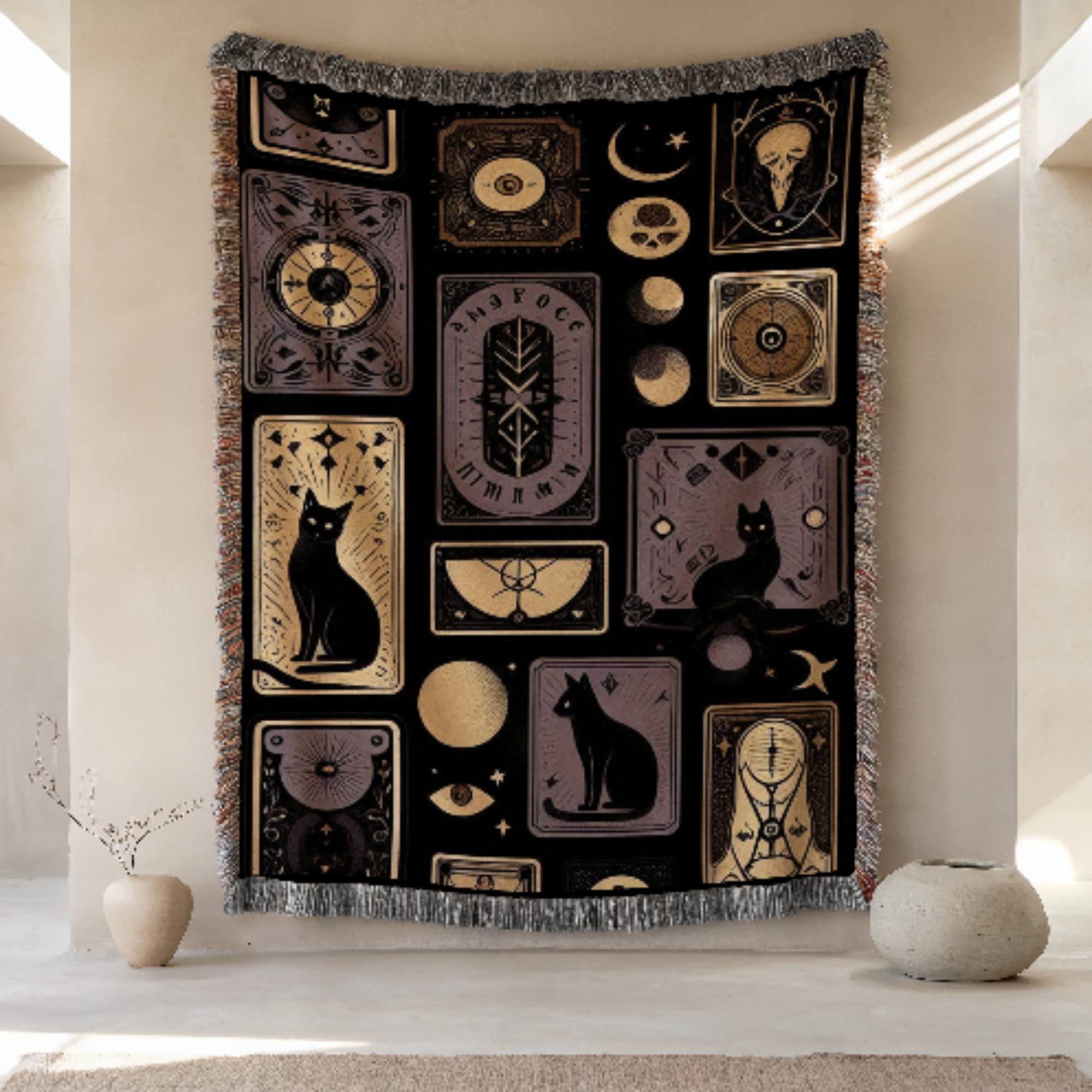 Black Cat Gothic Woven Tapestry with black and gold symbols and cats on a wall.