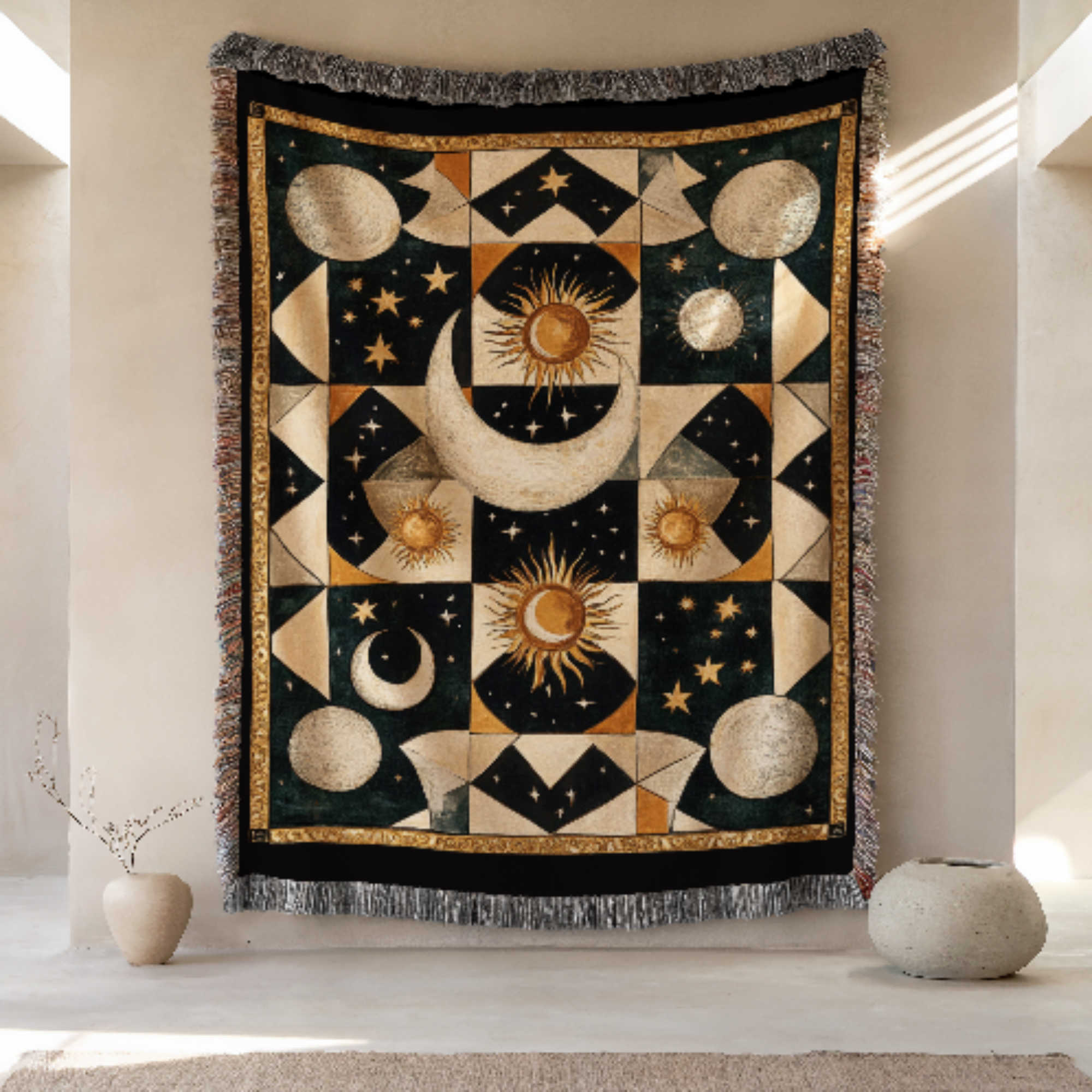 Decorative tapestry with black and gold celestial design hanging on a wall.