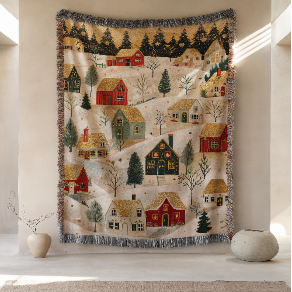 Christmas Woven Blanket with winter village design hanging on a wall.