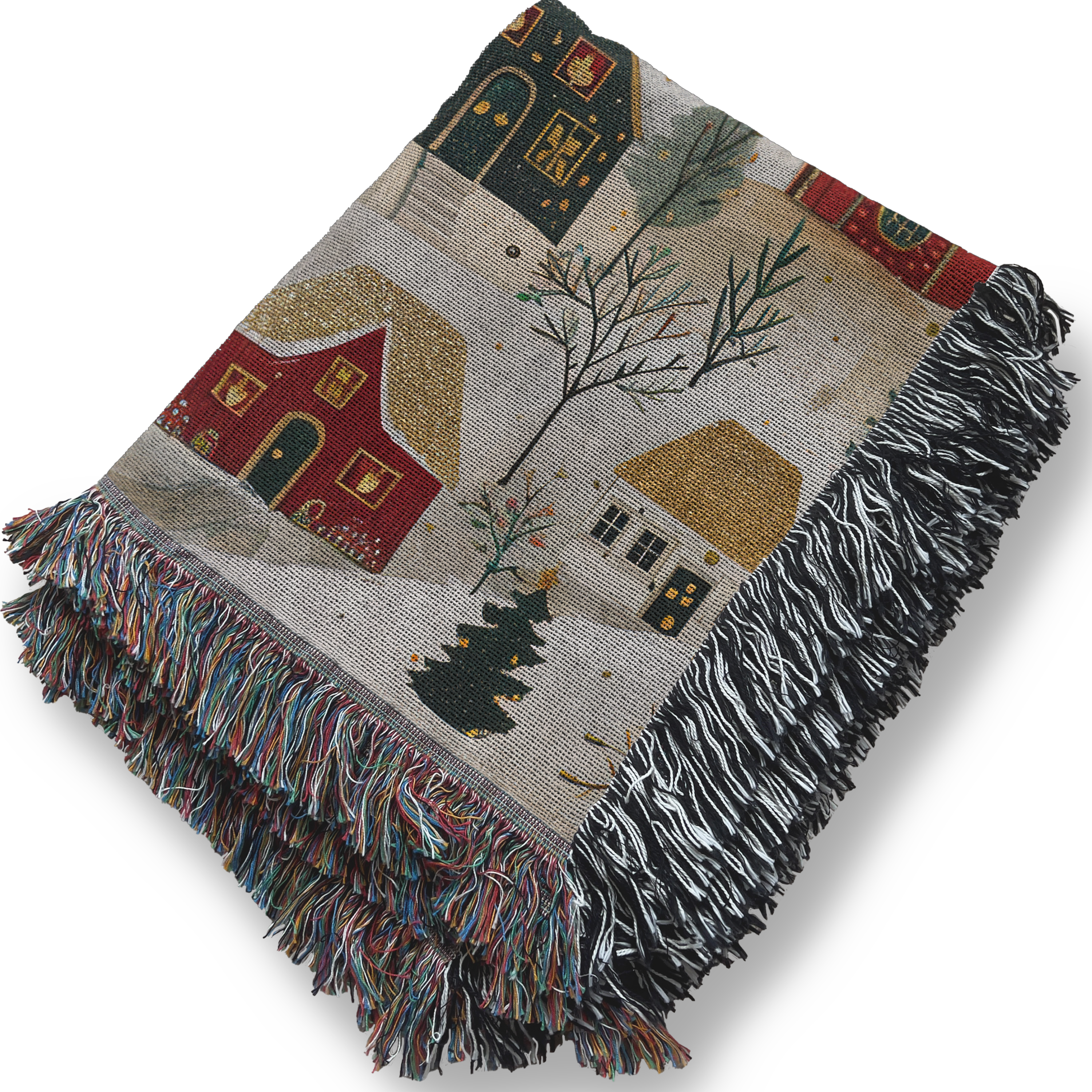 Decorative christmas throw blanket with winter scene and tassels on a white background