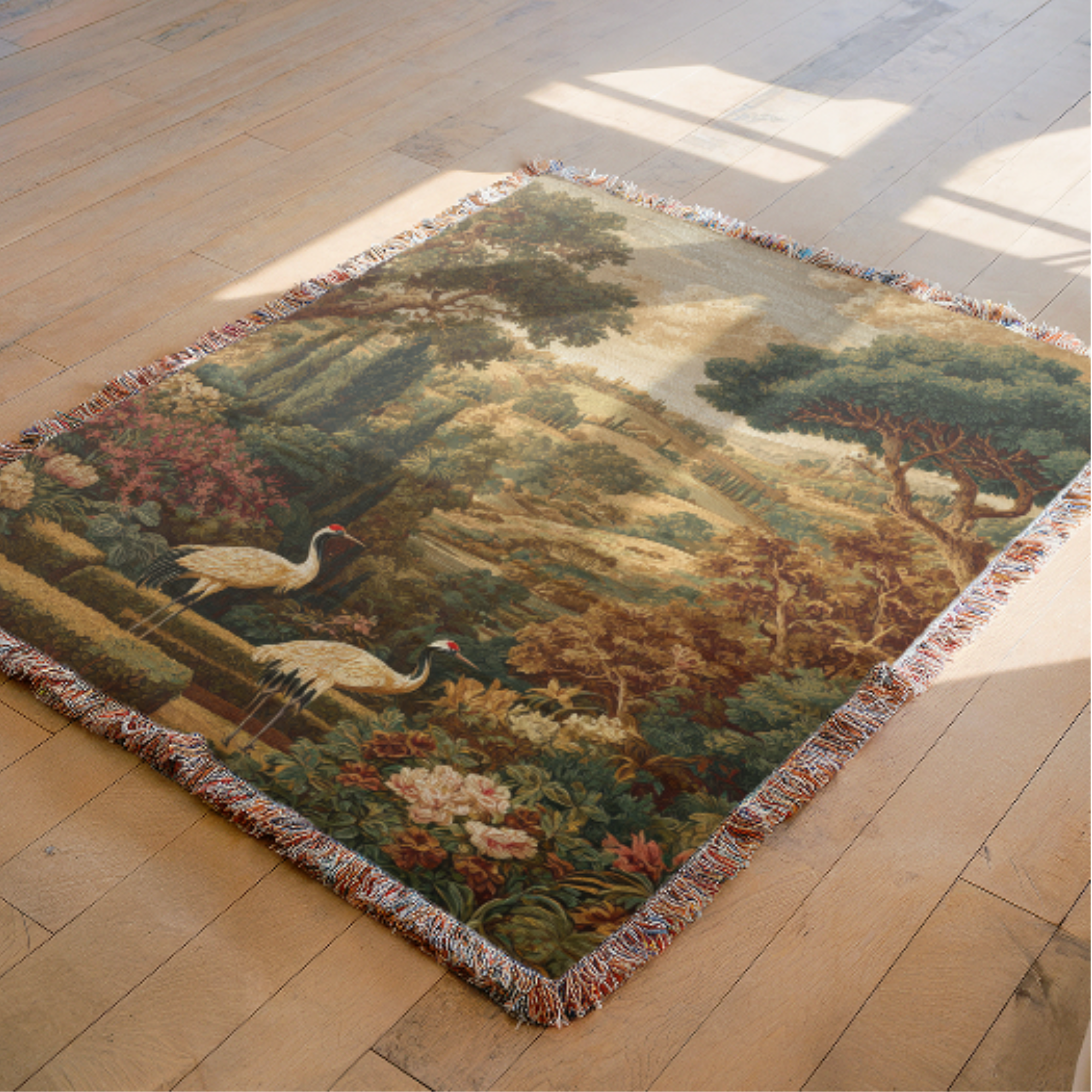 Decorative tapestry with nature scene on a wooden floor