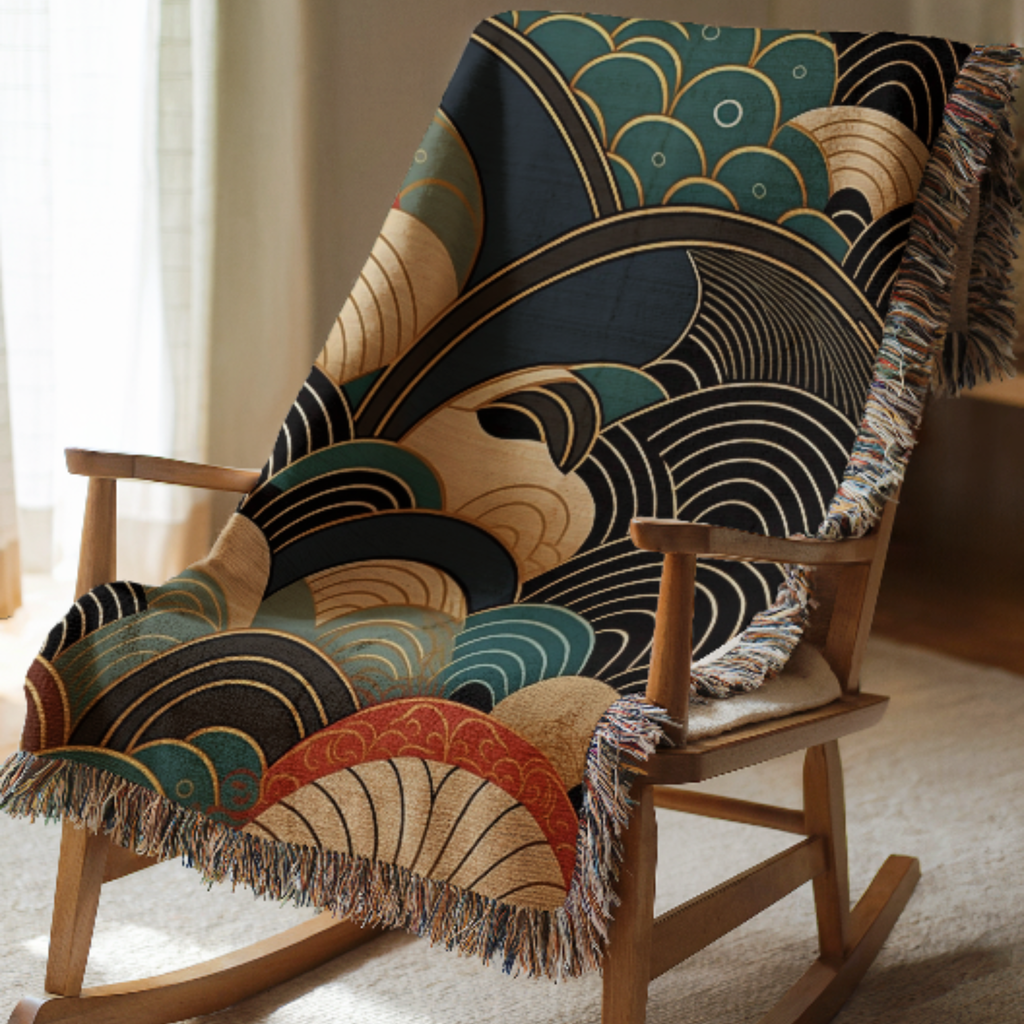 Decorative Japanese inspired woven blanket with geometric pattern draped over a wooden rocking chair.