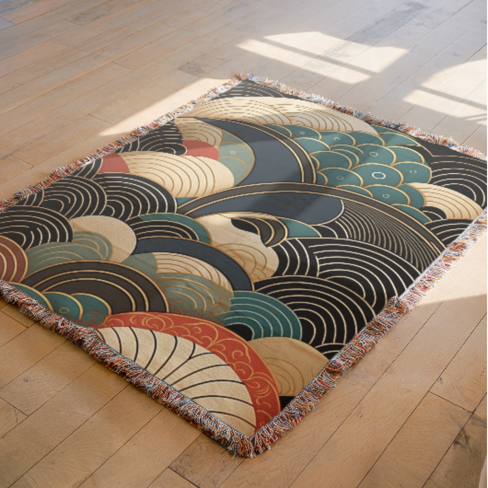 Decorative rug with wave pattern on a wooden floor