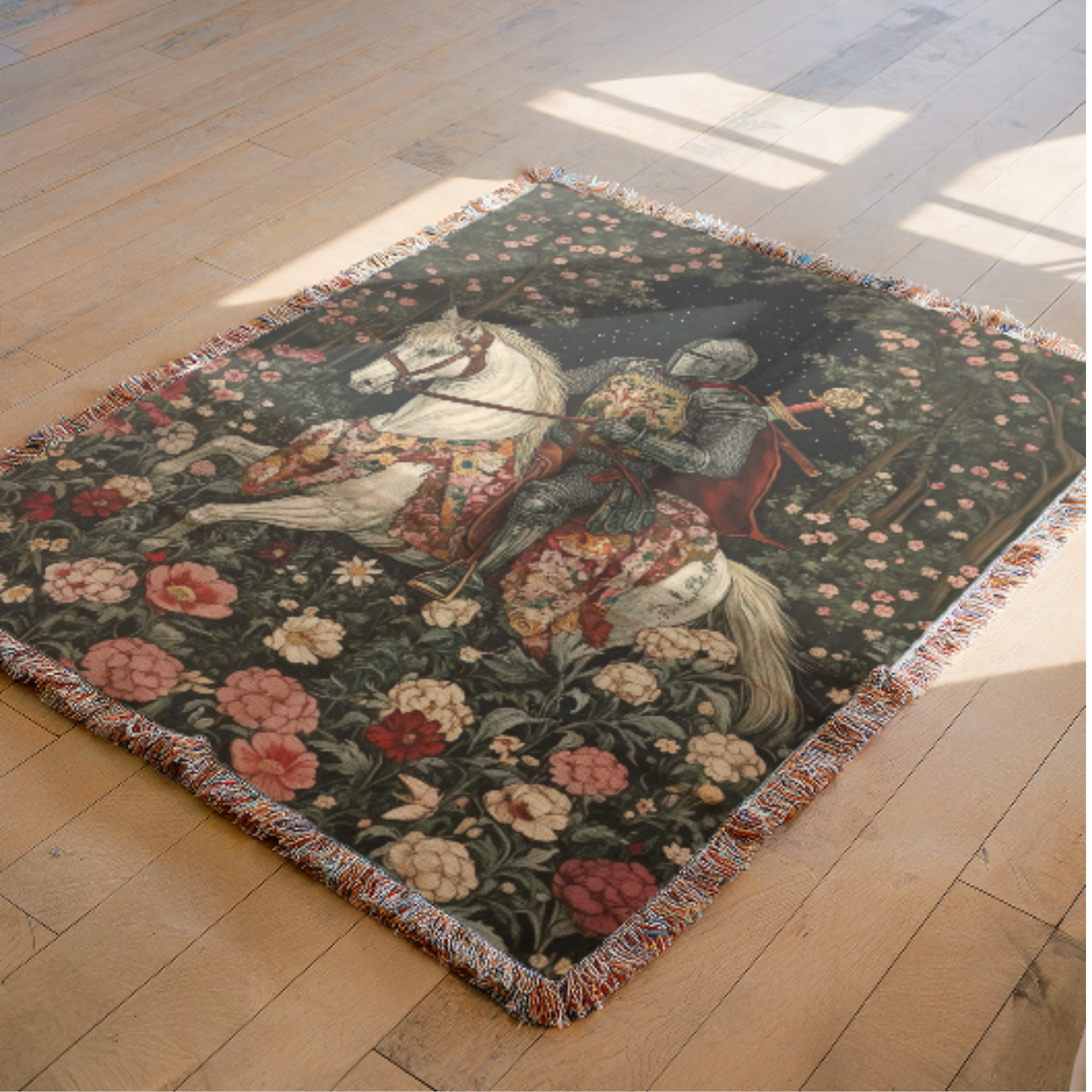 Medieval Knight Woven Blanket with a knight and horse design on a wooden floor