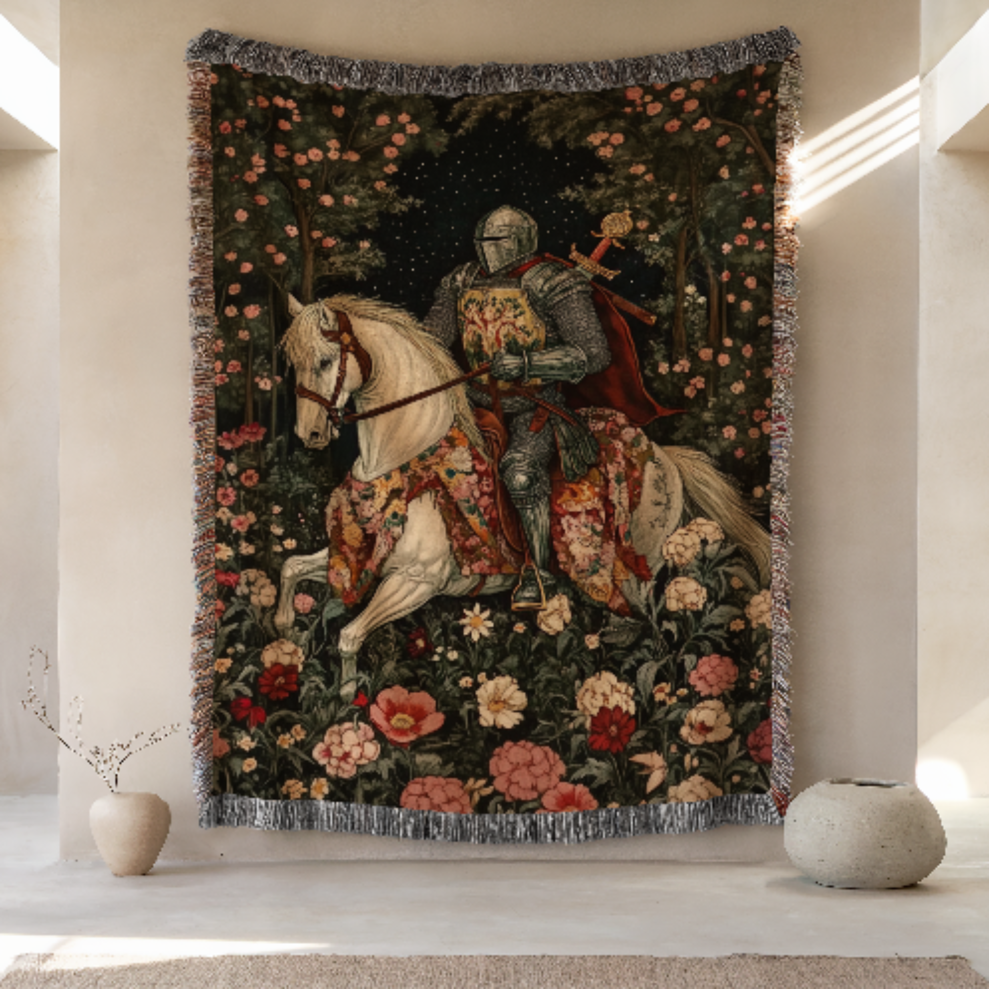 Medieval Knight Woven Blanket Tapestry with a knight on a horse surrounded by flowers in a room.