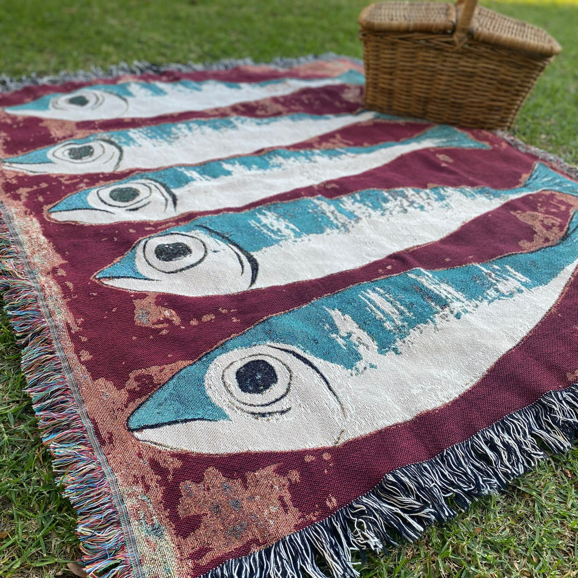 Sardines Woven Picnic Blanket Decorative blanket with fish pattern on grass