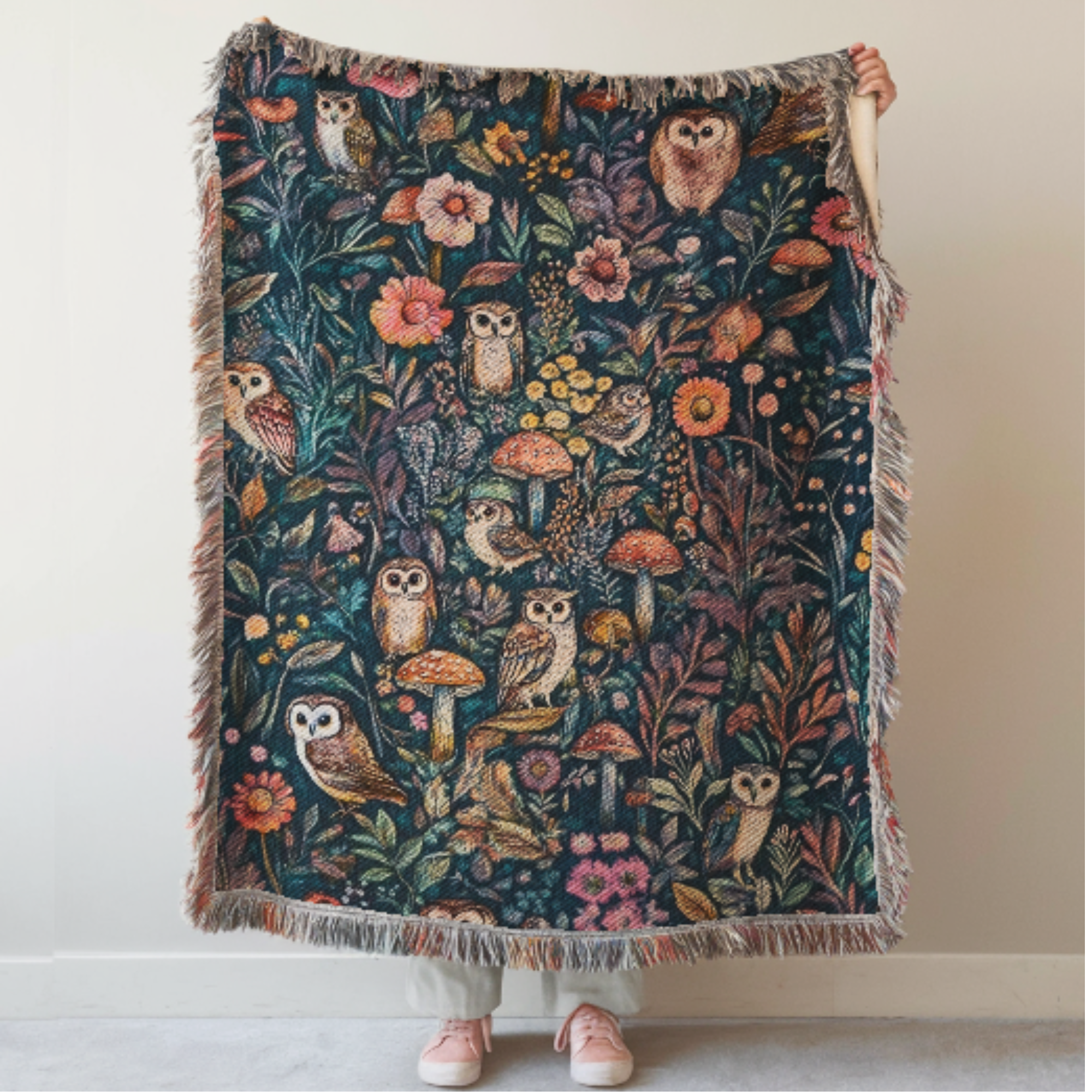 Woodland Owl Woven Blanket with owl and floral pattern held by a person against a white wall.