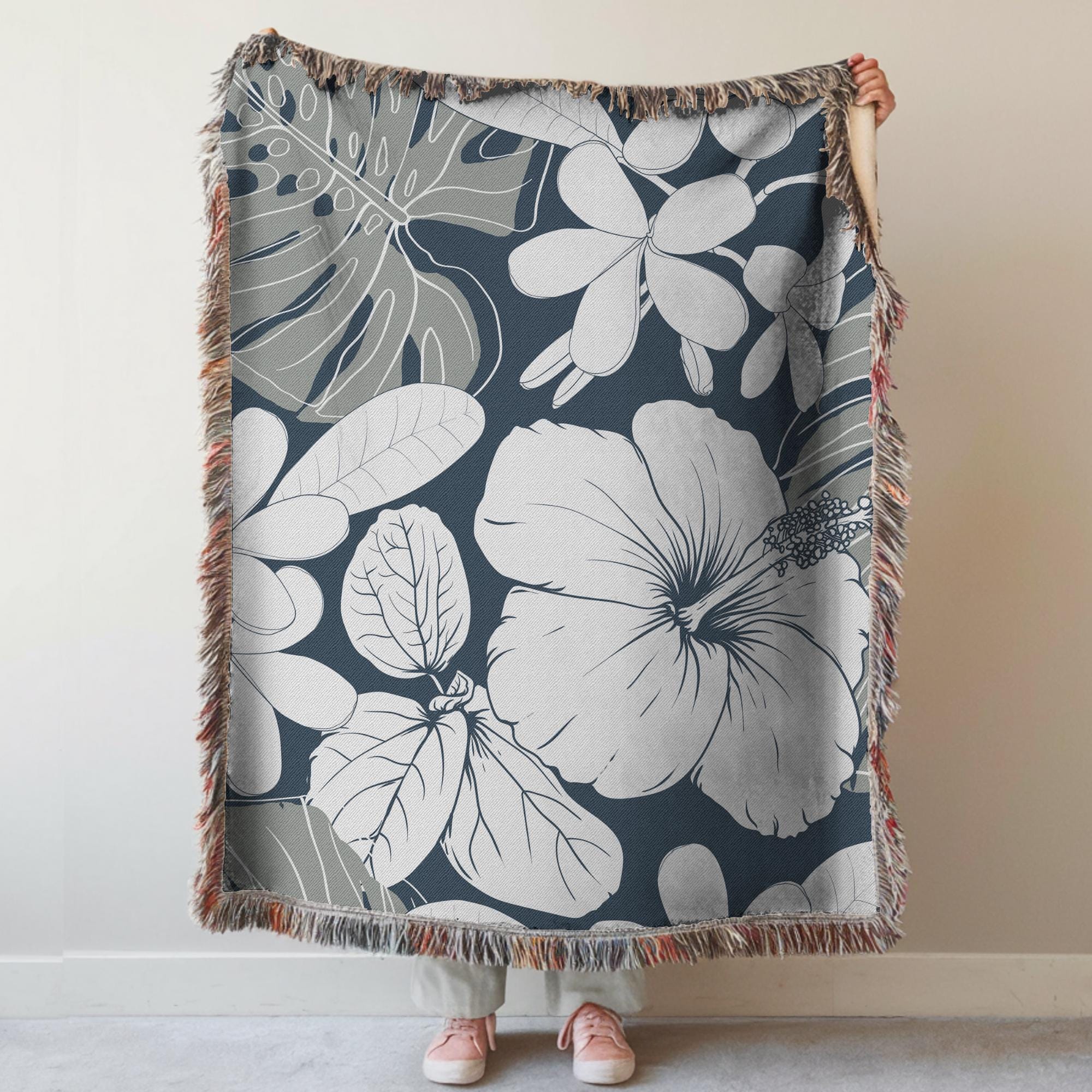 Blue Hibiscus Woven Blanket