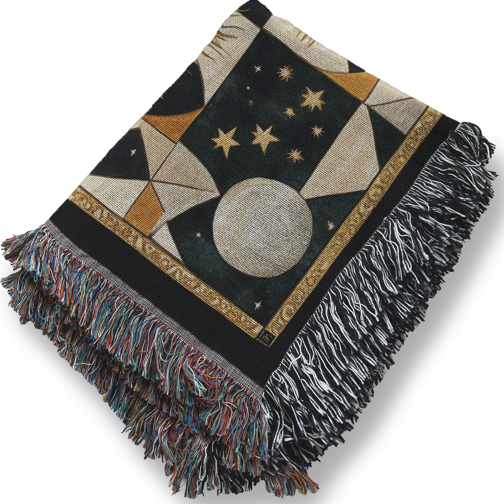 Decorative throw blanket with geometric patterns and fringe on a white background