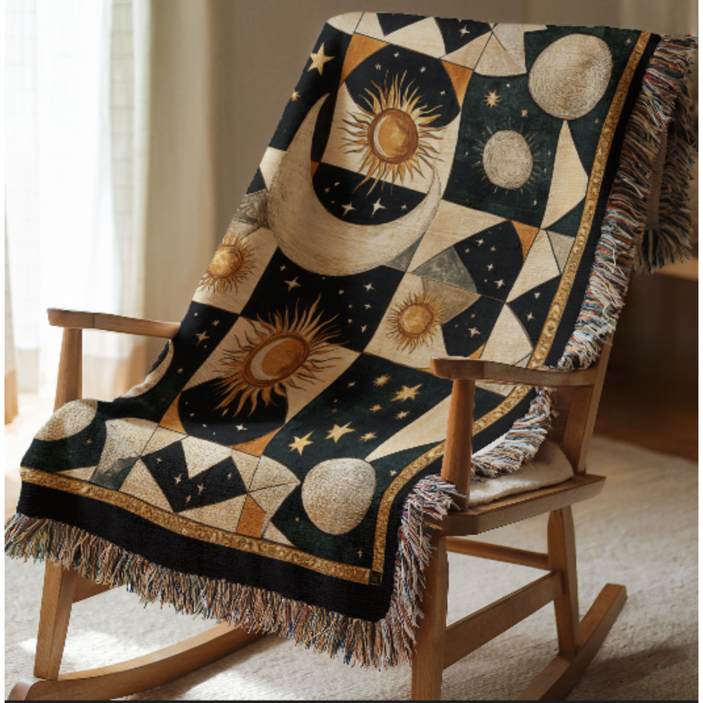Decorative woven blanket with celestial design draped over a wooden rocking chair.