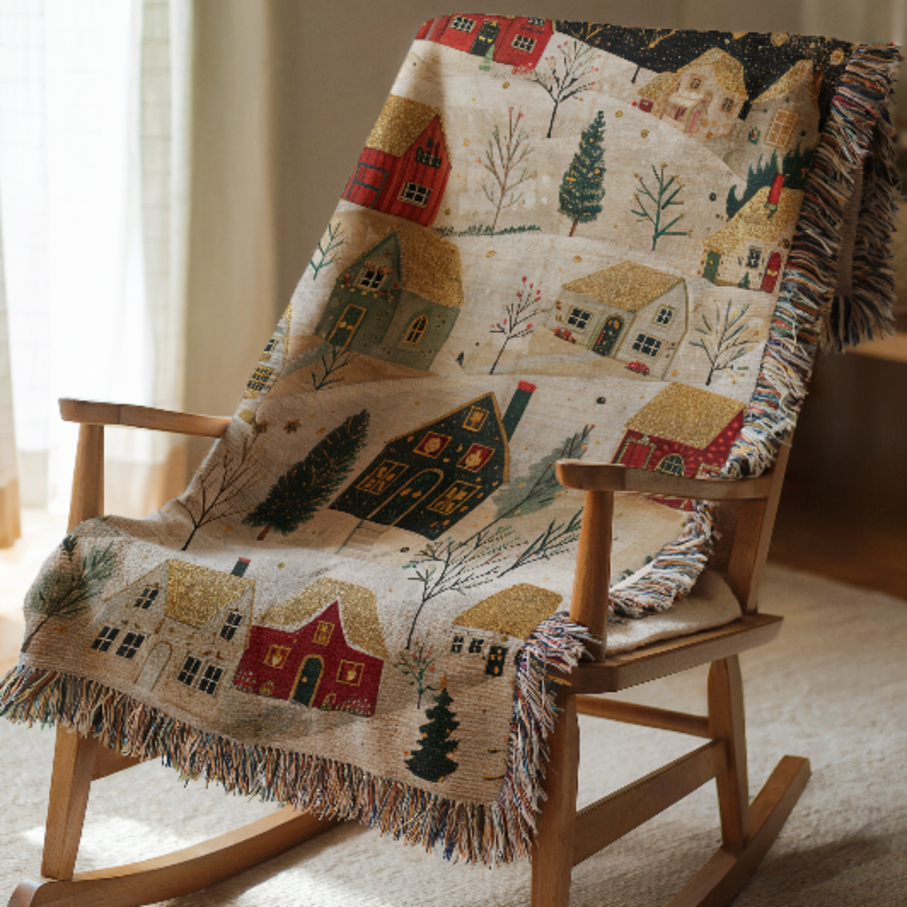 Rocking chair with a decorative Christmas woven blanket featuring houses and trees