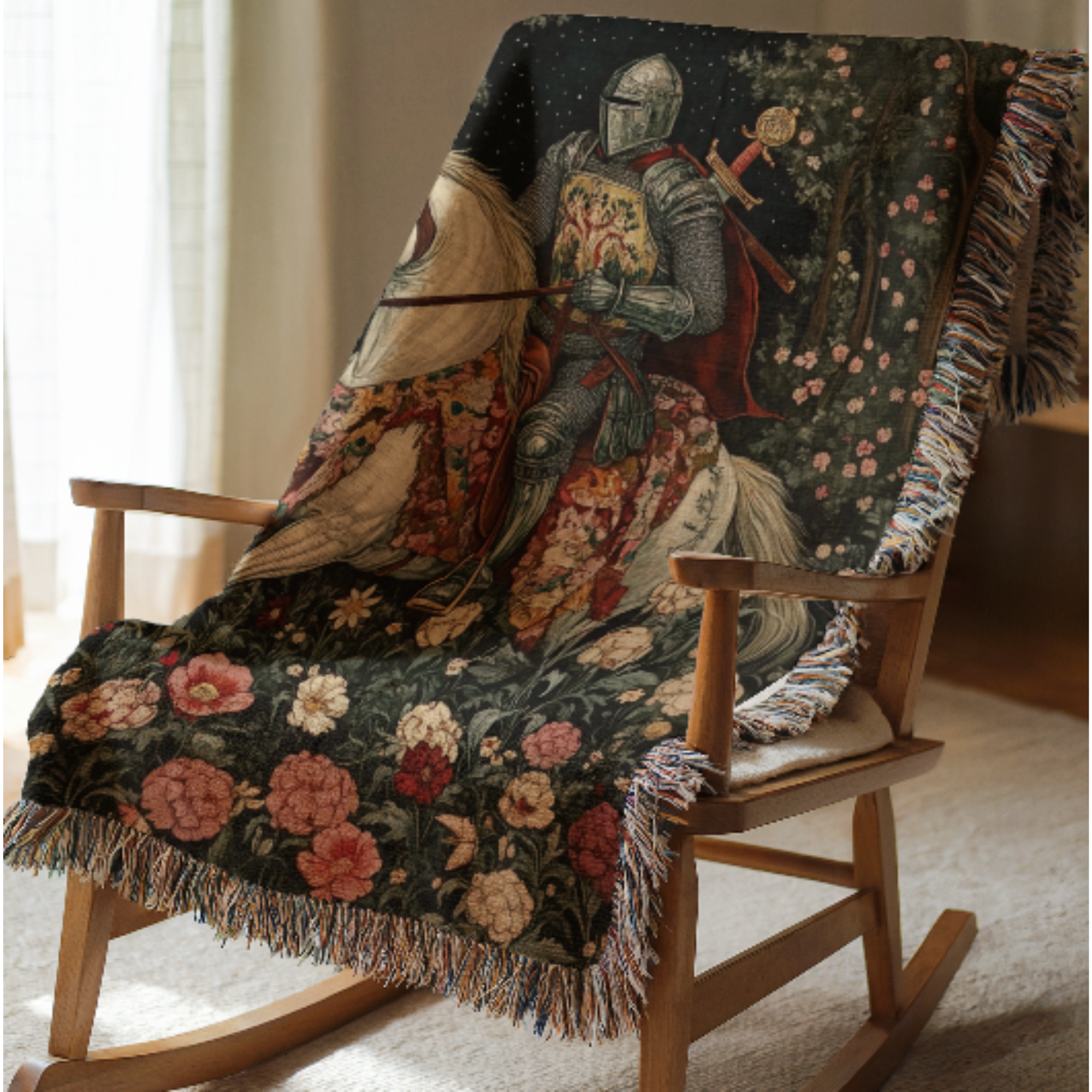 Decorative blanket with a knight and horse design draped over a wooden chair.