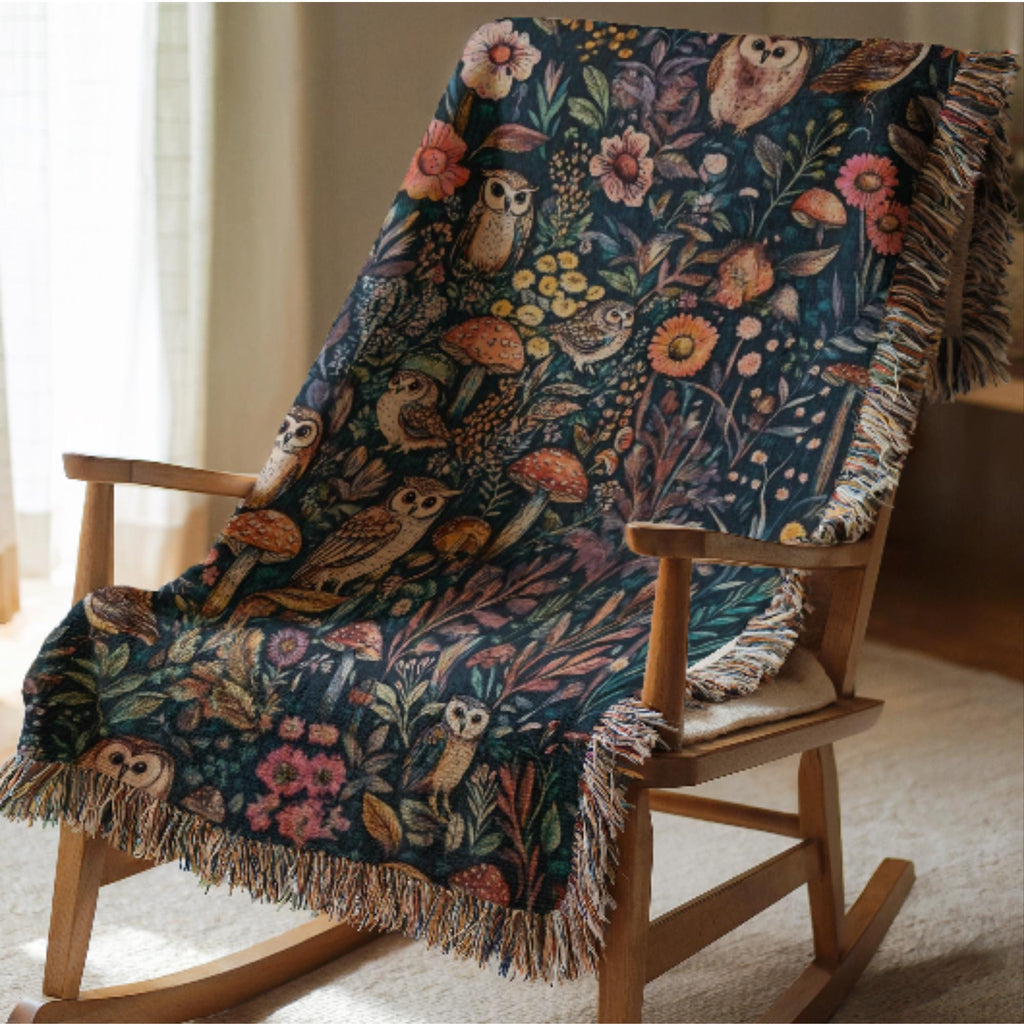 Decorative blanket with floral and owl pattern draped over a wooden rocking chair.