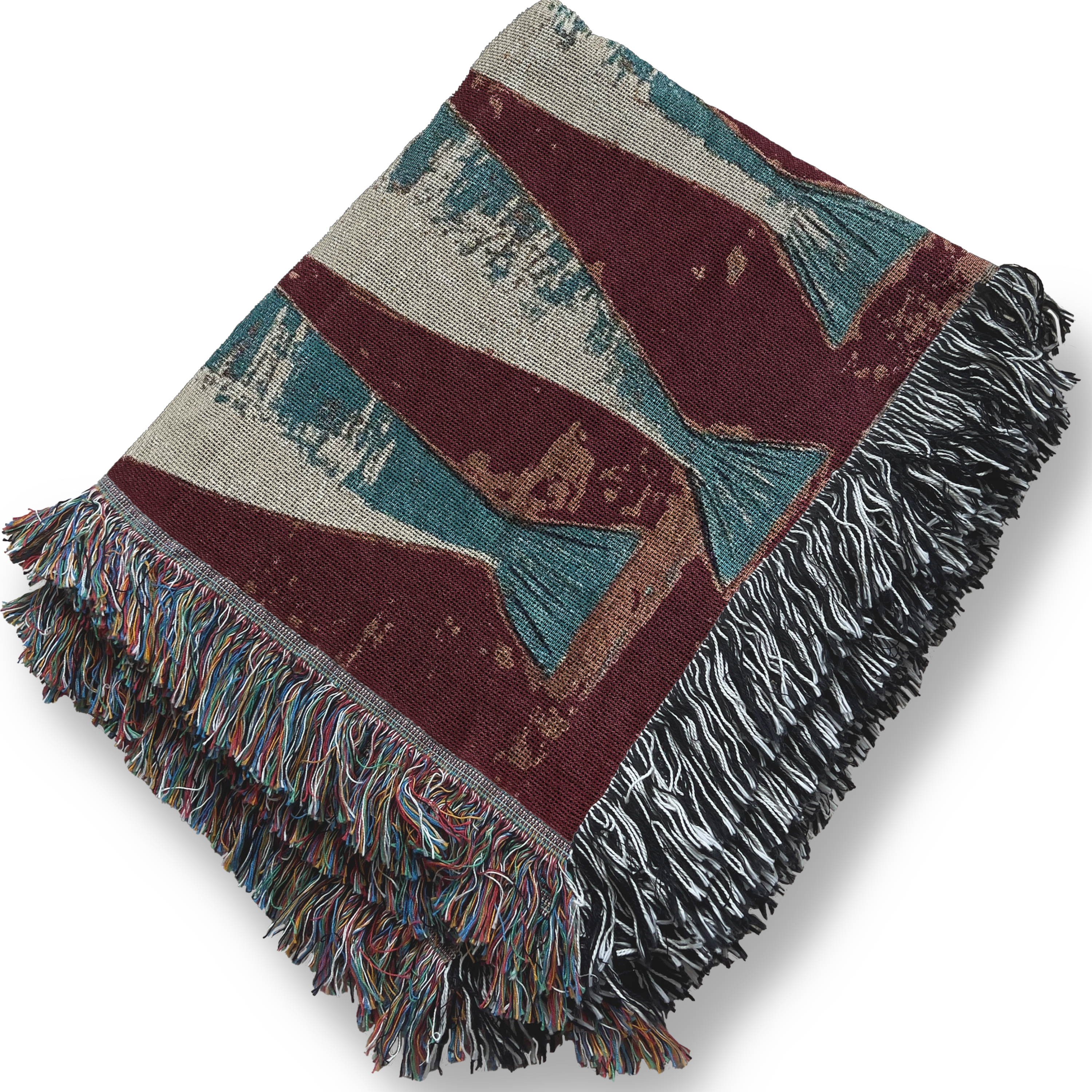 Textile with a sardines pattern and fringes on a white background