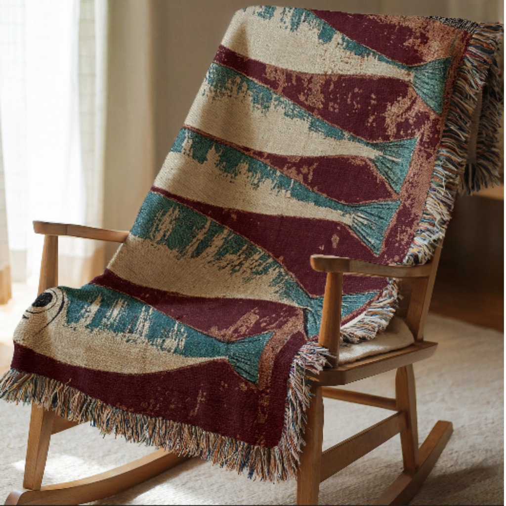 Rustic rocking chair with a sardines patterned blanket draped over it in a home setting.