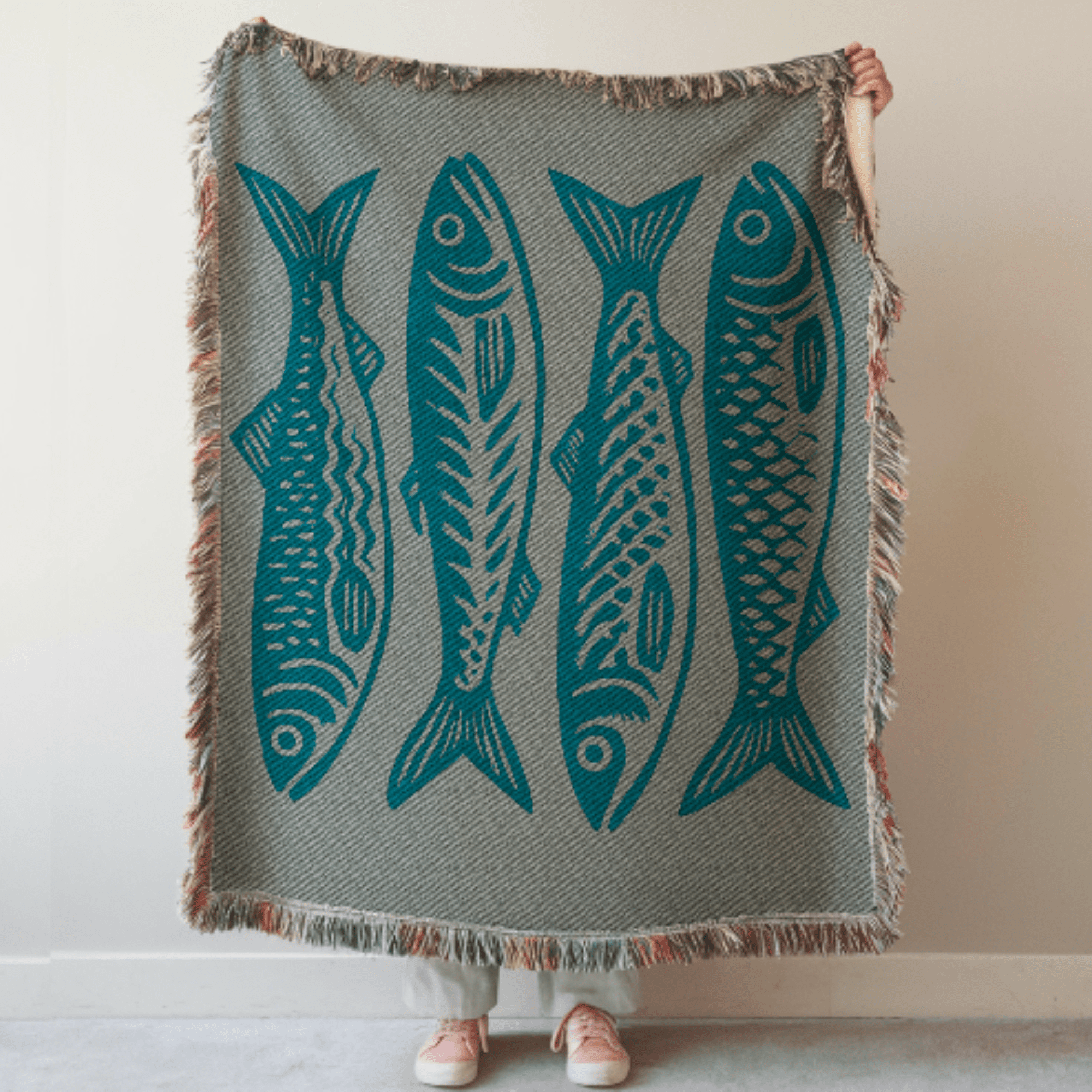 Teal Sardines Fish Woven Blanket - Ceelily Inspire
